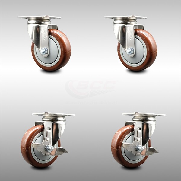Service Caster 4 Inch 316SS Maroon Polyurethane Wheel Swivel Top Plate Caster Brakes SCC, 2PK SCC-SS31620S414-PPUB-MRN-2-TLB-2 - main
